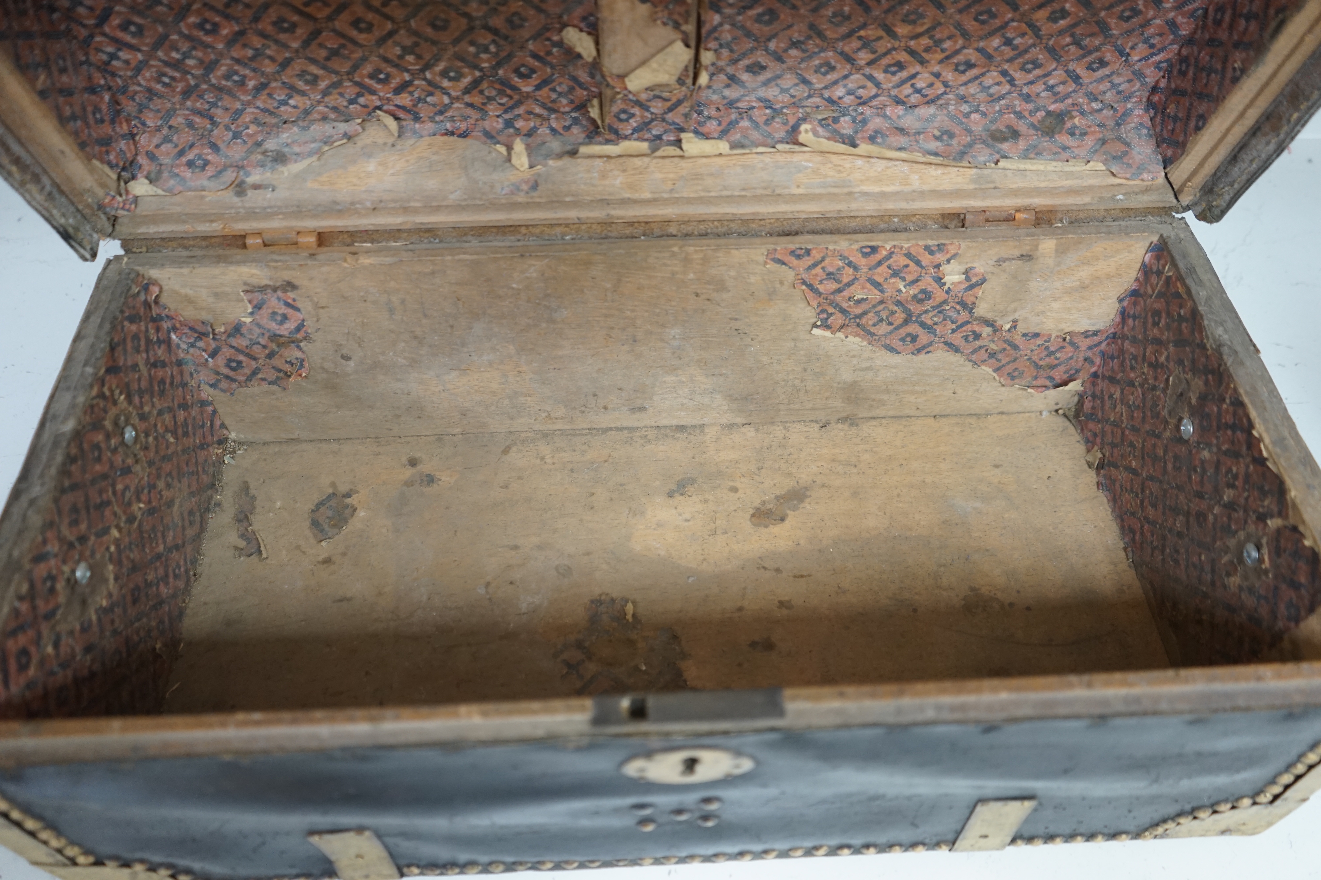 A 19th century leather and brass bound trunk with Avery Ltd applied brass plaque; 'Borough of Brighton', 54cm x 26.5cm x 22cm